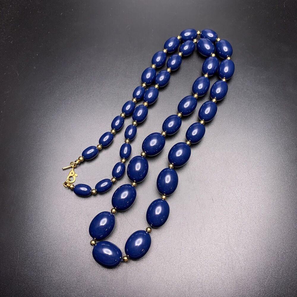 Monet Long Navy Blue Beaded Necklace Vintage Plastic Oval Bead Gold Tone Classic